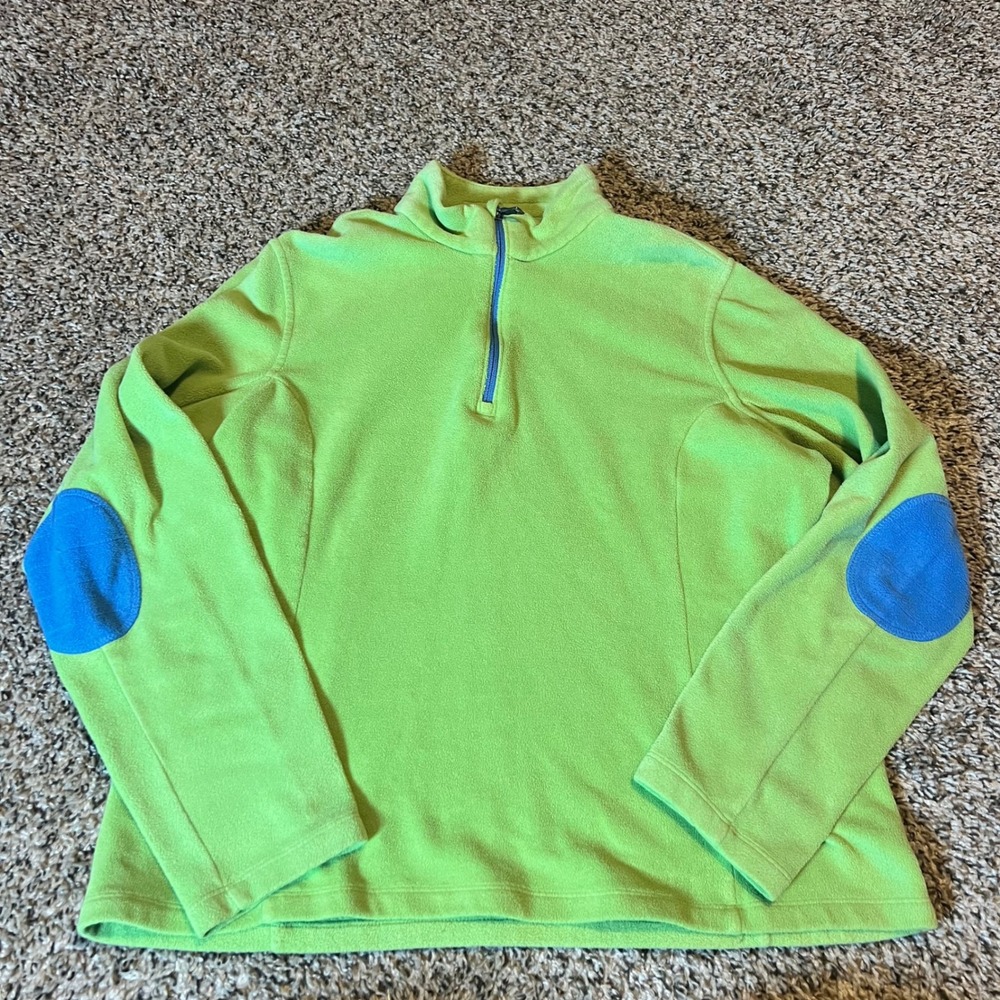 Lands End Green Fleece Quarter Zip Pullover Sweatshirt Blue Elbow Patches Sz 6-8